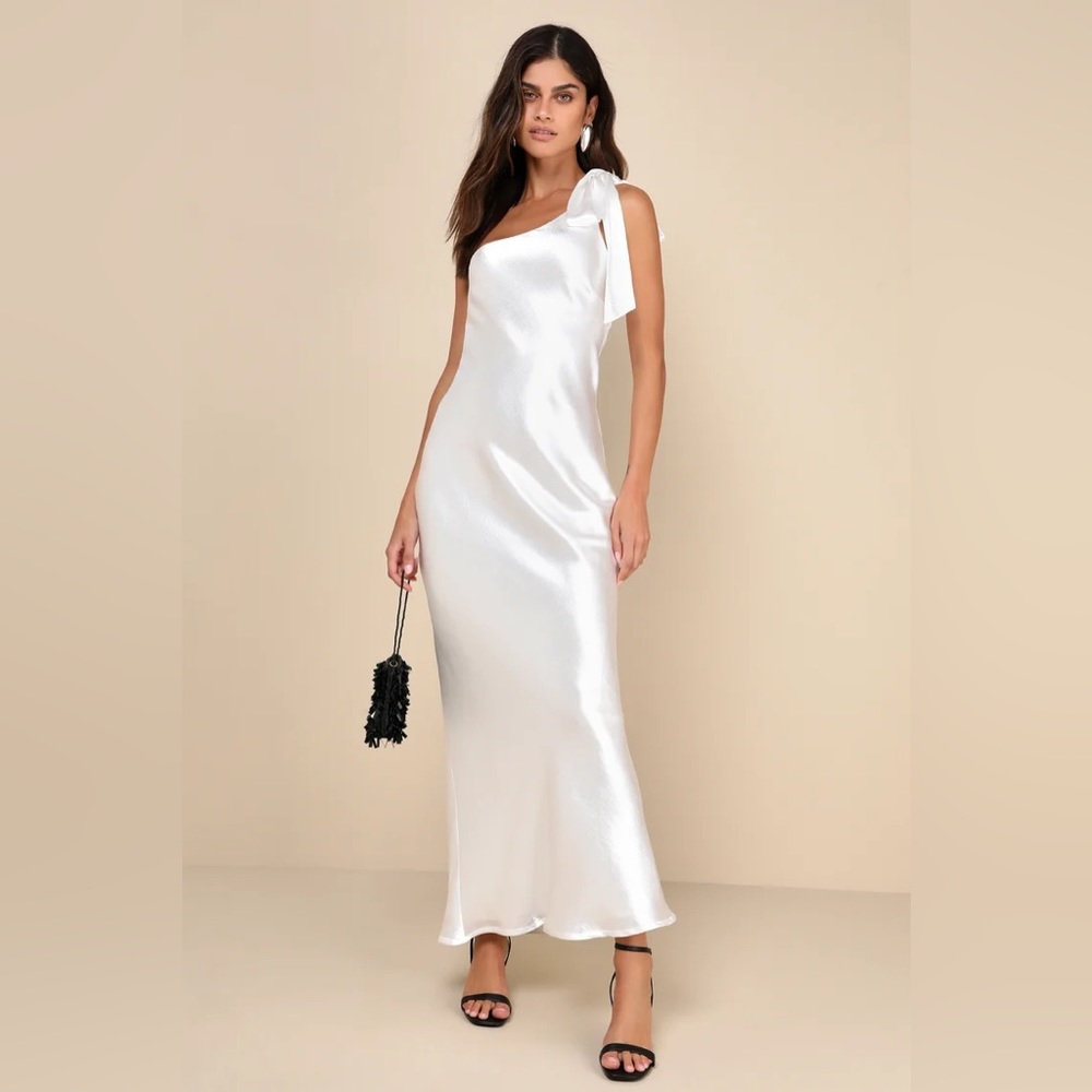 NWT: Lulus Lavish Looks Ivory Satin One-Shoulder Tie-Strap Maxi Dress